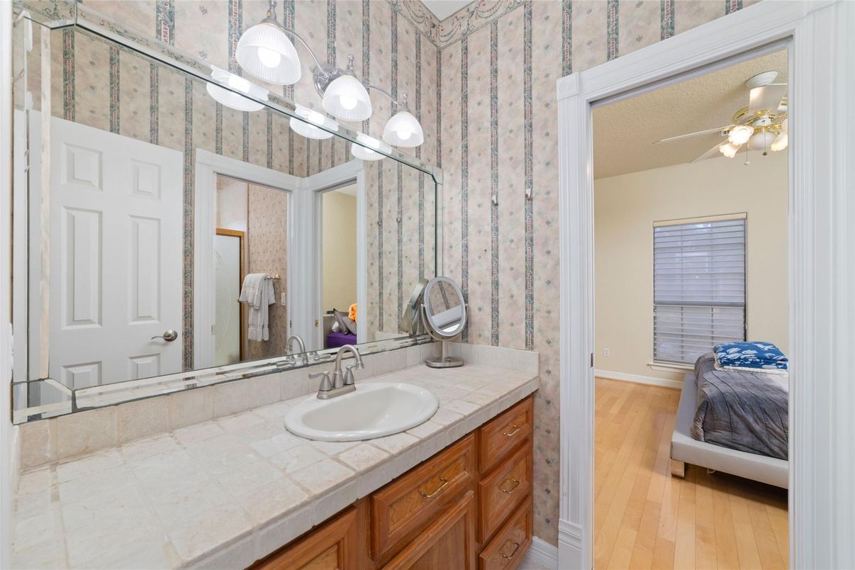 Bathroom, Interior, Tile Countertops, Wood Texture Flooring