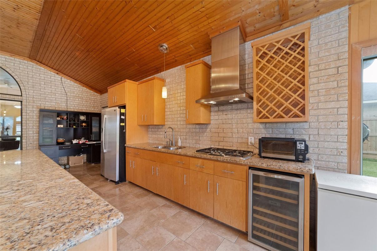 Interior, Kitchen, Pendant Lights, Stainless Steel Appliances, Stone Walls, Wooden Ceilings