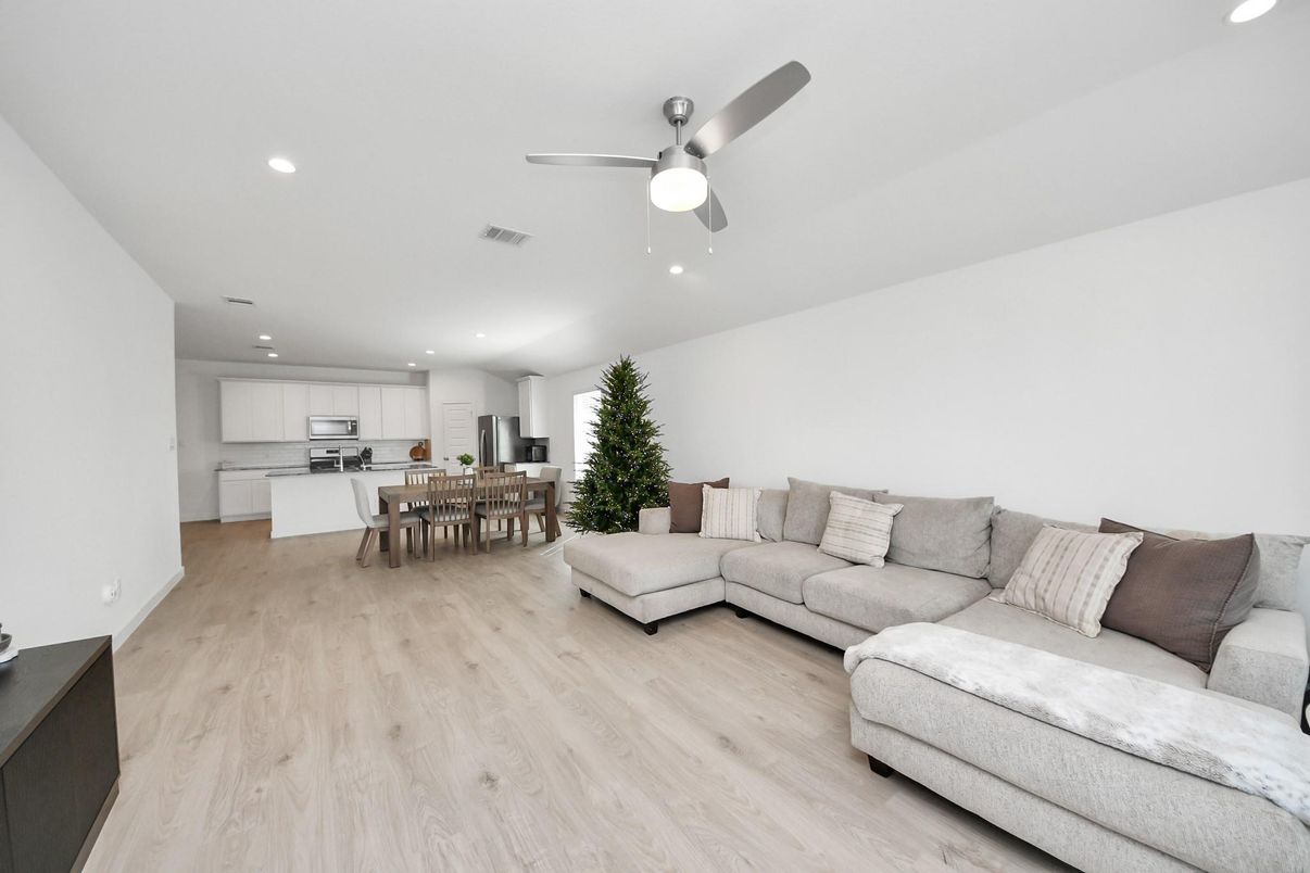 Dining room, Interior, Kitchen, Living room, Recessed Lighting, Stainless Steel Appliances, Wood Texture Flooring