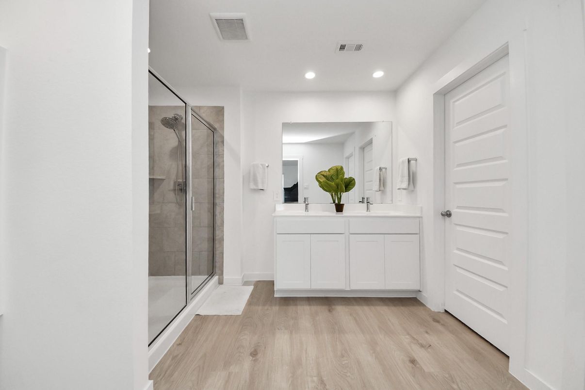 Bathroom, Glass Shower, Interior, Recessed Lighting, Wood Texture Flooring