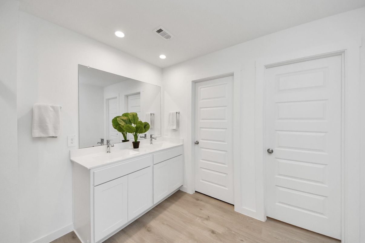 Bathroom, Dual Sink Vanities, Interior, Recessed Lighting, Wood Texture Flooring