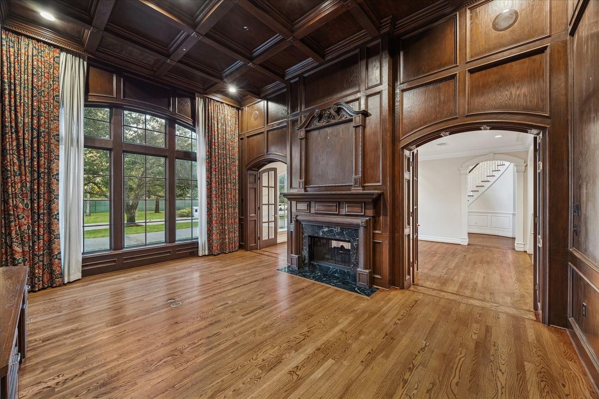 Empty room, Fireplace, Interior, Recessed Lighting, Wooden Ceilings, Wood Texture Flooring, Wooden Walls