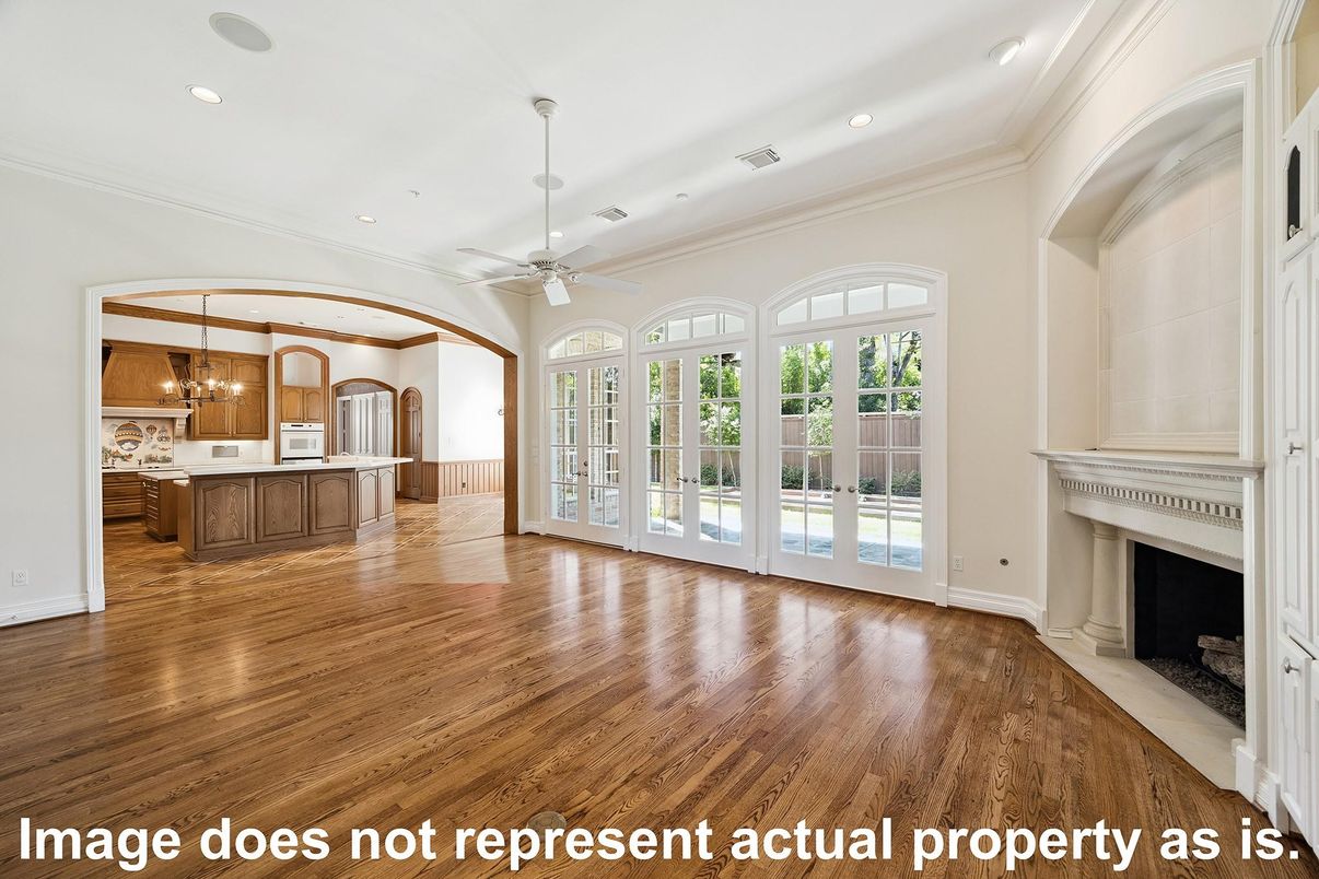 Chandelier, Empty room, Fireplace, Interior, Kitchen, Recessed Lighting, Wood Texture Flooring
