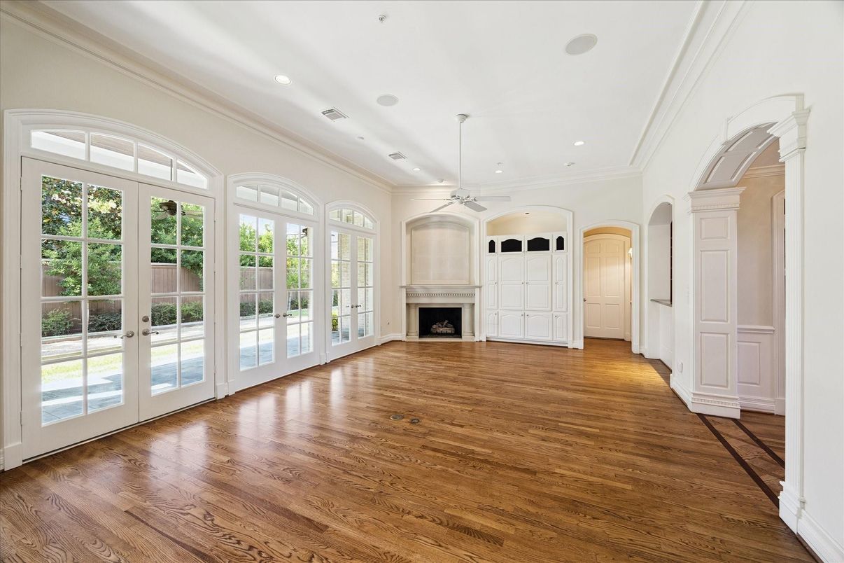 Empty room, Fireplace, Interior, Recessed Lighting, Wood Texture Flooring