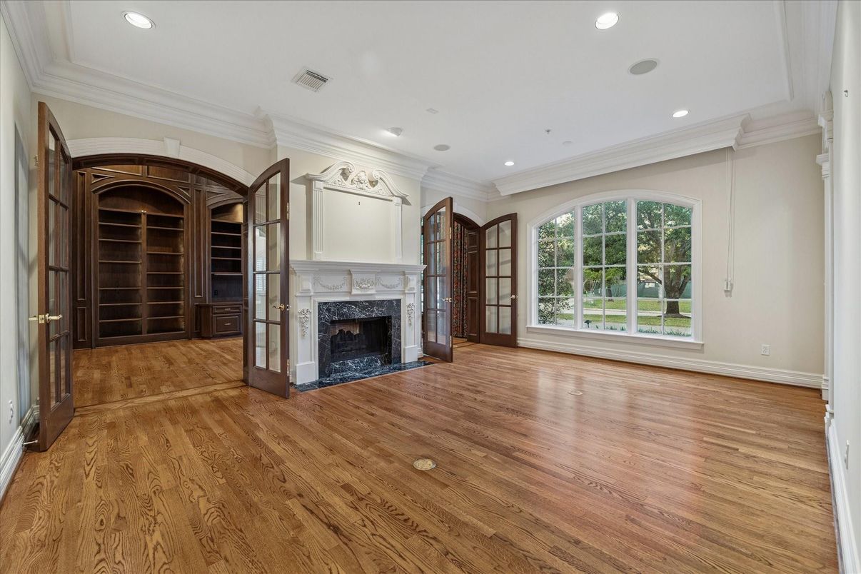 Empty room, Fireplace, Interior, Recessed Lighting, Wood Texture Flooring