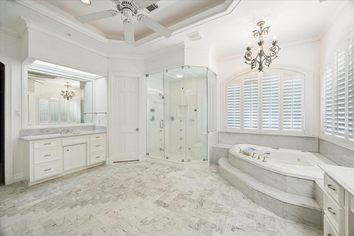 Bathroom, Chandelier, Glass Shower, Interior, Marble, Recessed Lighting