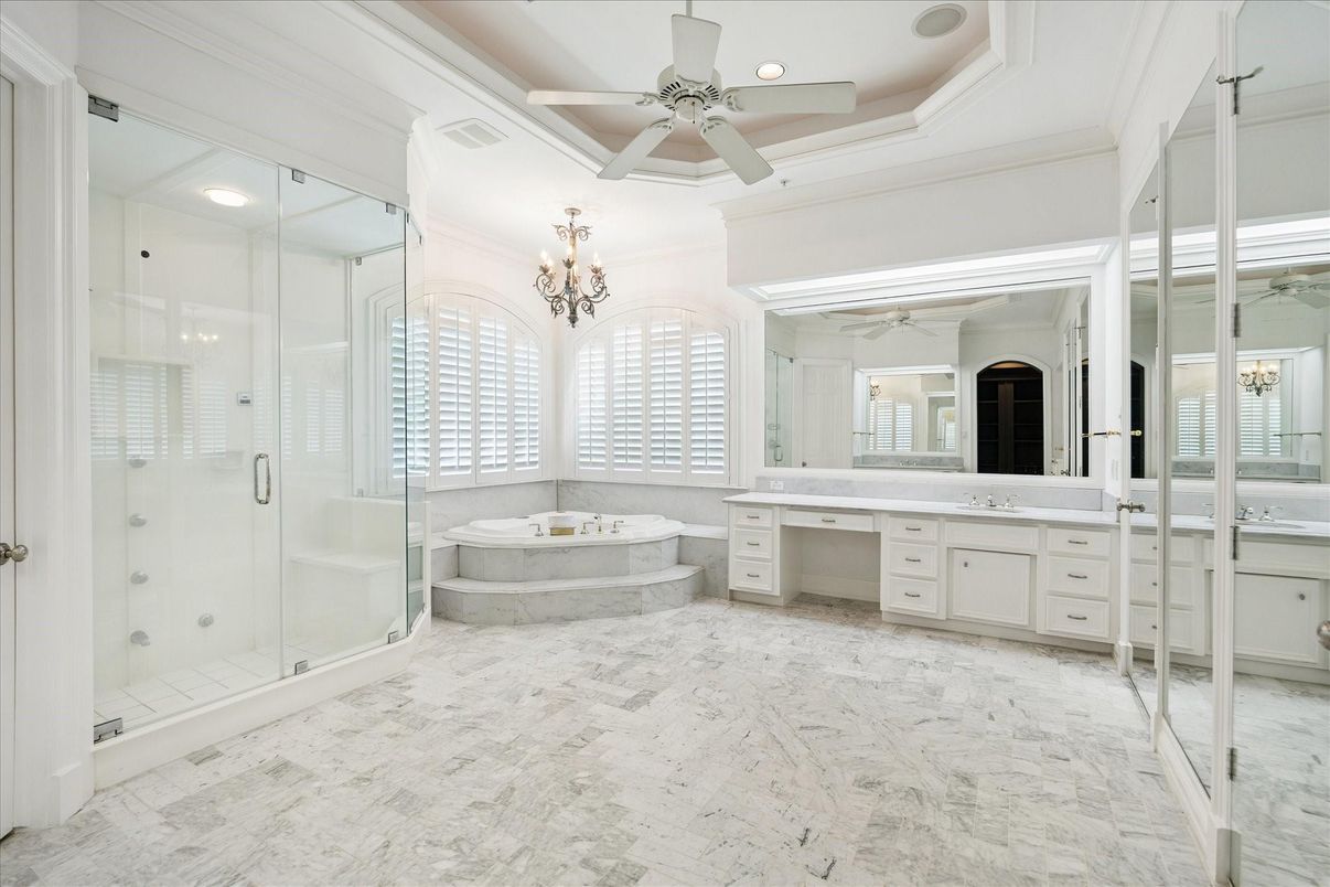 Bathroom, Chandelier, Dual Sink Vanities, Glass Shower, Interior, Marble, Recessed Lighting