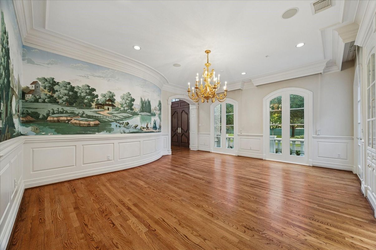 Chandelier, Empty room, Interior, Recessed Lighting, Wood Texture Flooring
