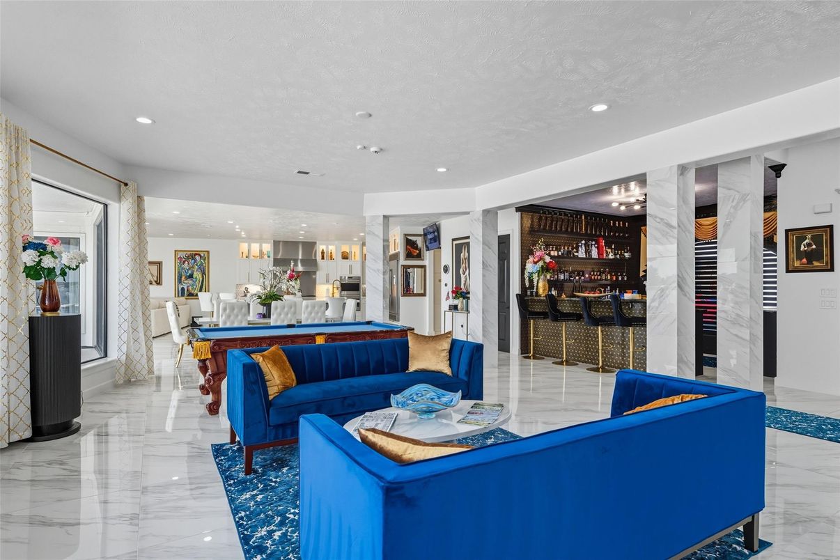 Billiard Table, Game Room, Interior, Living room, Marble, Pendant Lights, Recessed Lighting