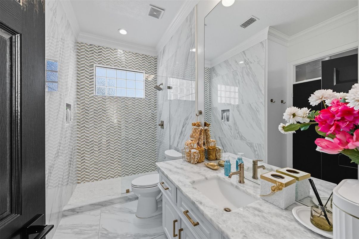 Bathroom, Glass Shower, Interior, Marble, Marble Walls, Recessed Lighting