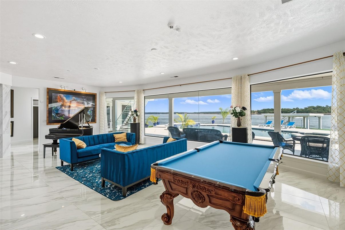 Billiard Table, Game Room, Interior, Living room, Marble, Piano, Recessed Lighting, Water