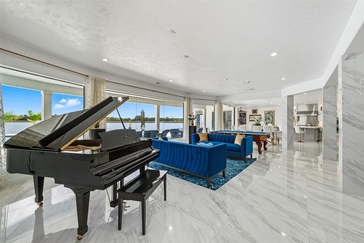 Interior, Living room, Marble, Piano, Recessed Lighting, Water