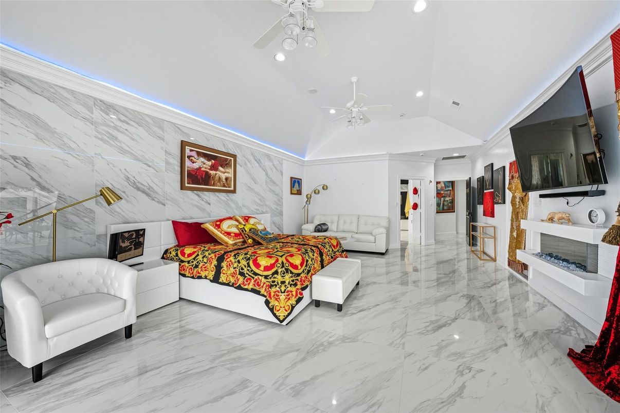 Bedroom, Fireplace, Interior, Marble, Marble Walls, Recessed Lighting