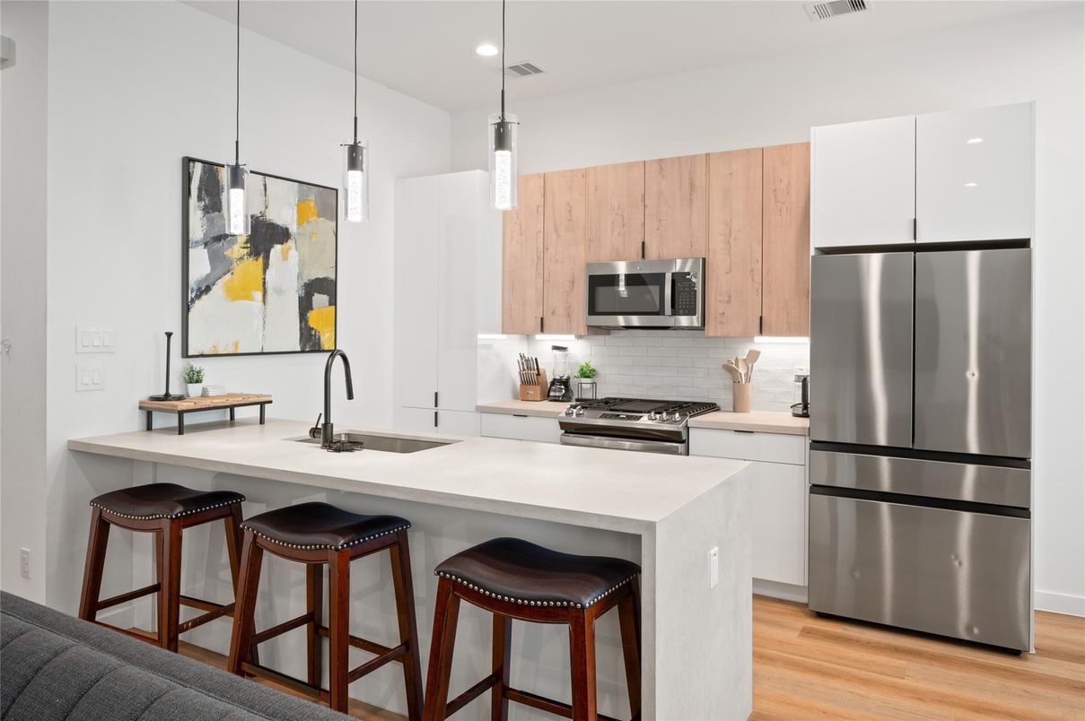 Interior, Kitchen, Pendant Lights, Recessed Lighting, Stainless Steel Appliances, Wood Texture Flooring