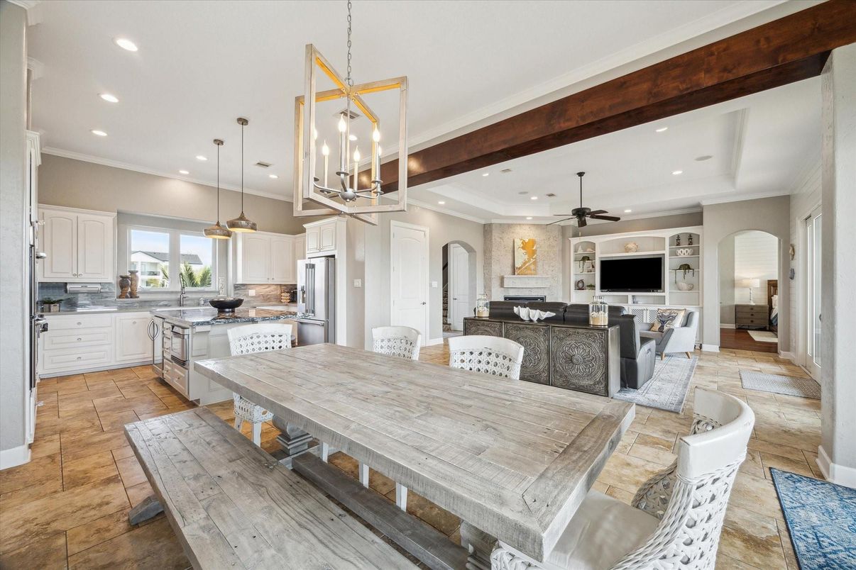 Dining room, Interior, Kitchen, Living room, Pendant Lights, Recessed Lighting, Stainless Steel Appliances, Wooden Beams