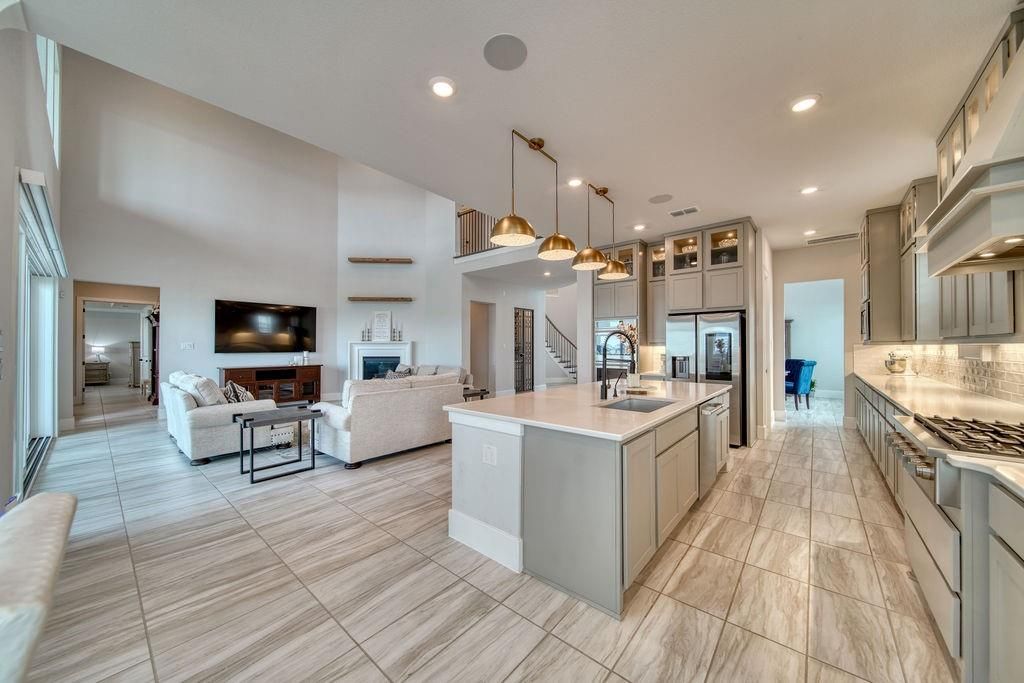 Fireplace, Interior, Kitchen, Living room, Pendant Lights, Recessed Lighting, Stainless Steel Appliances