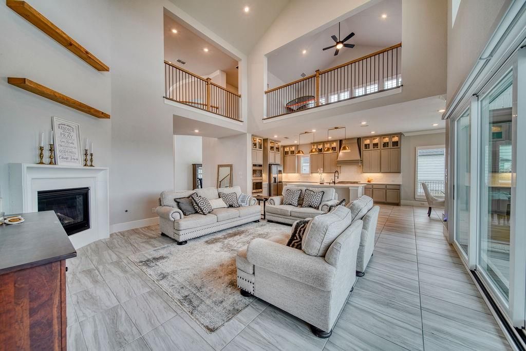 Fireplace, Interior, Kitchen, Living room, Recessed Lighting