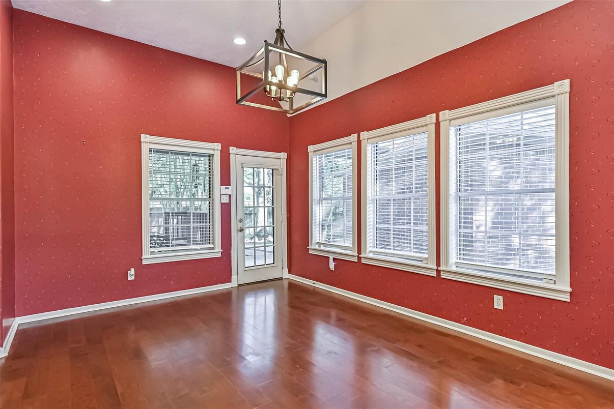 Empty room, Interior, Pendant Lights, Recessed Lighting, Wood Texture Flooring