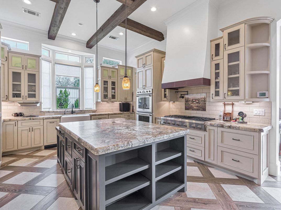 Interior, Kitchen, Pendant Lights, Recessed Lighting, Stainless Steel Appliances, Wooden Beams