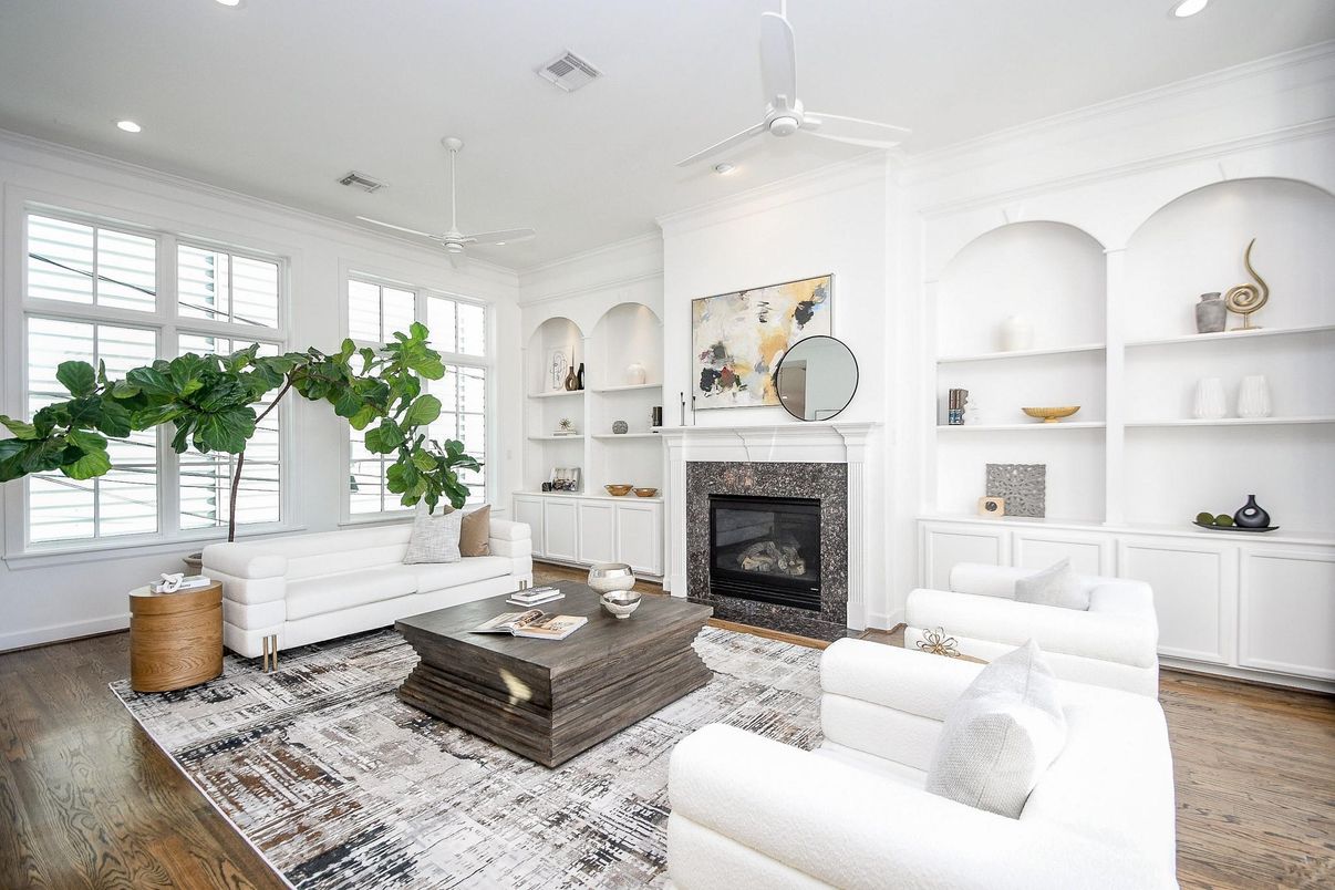 Fireplace, Interior, Living room, Recessed Lighting, Wood Texture Flooring