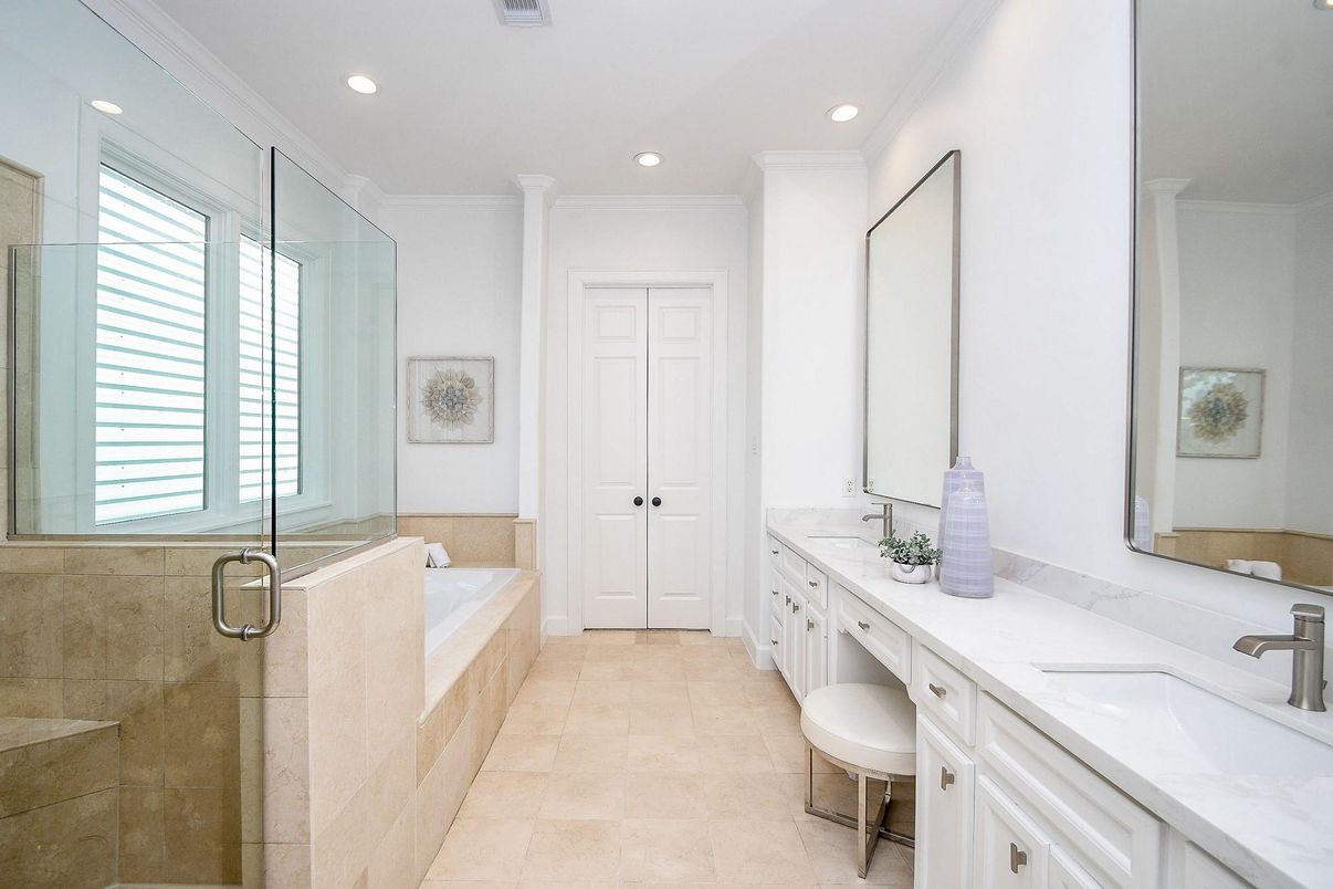 Bathroom, Dual Sink Vanities, Glass Shower, Interior, Recessed Lighting