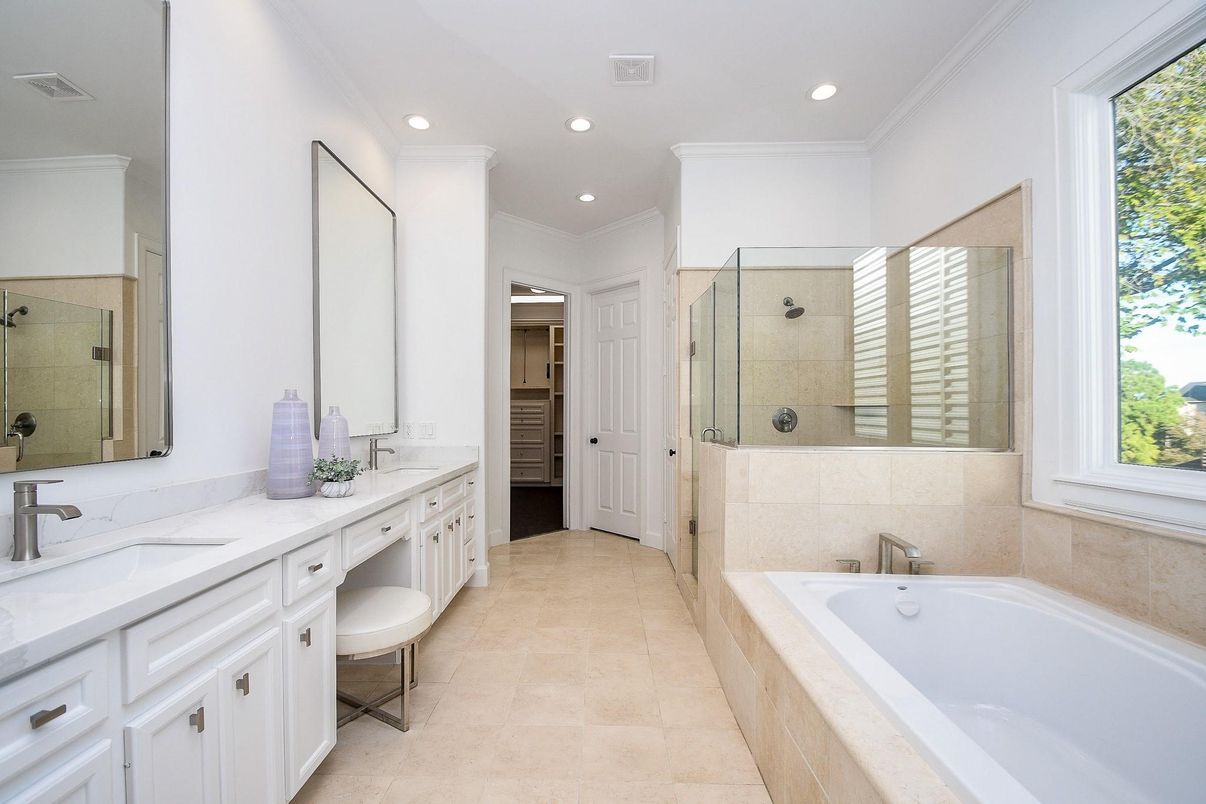 Bathroom, Dual Sink Vanities, Glass Shower, Interior, Recessed Lighting