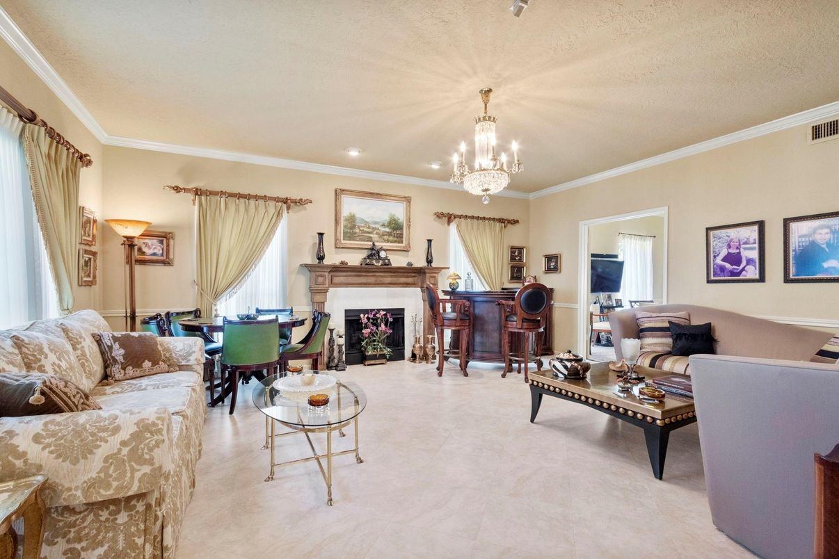 Chandelier, Dining room, Fireplace, Interior, Living room, Recessed Lighting