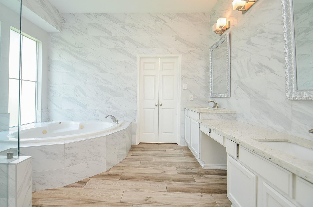 Bathroom, Dual Sink Vanities, Interior, Marble Walls, Wood Texture Flooring