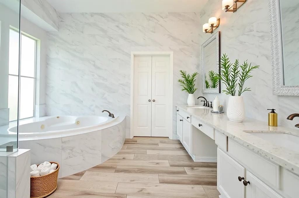 Bathroom, Dual Sink Vanities, Interior, Marble Walls, Wood Texture Flooring