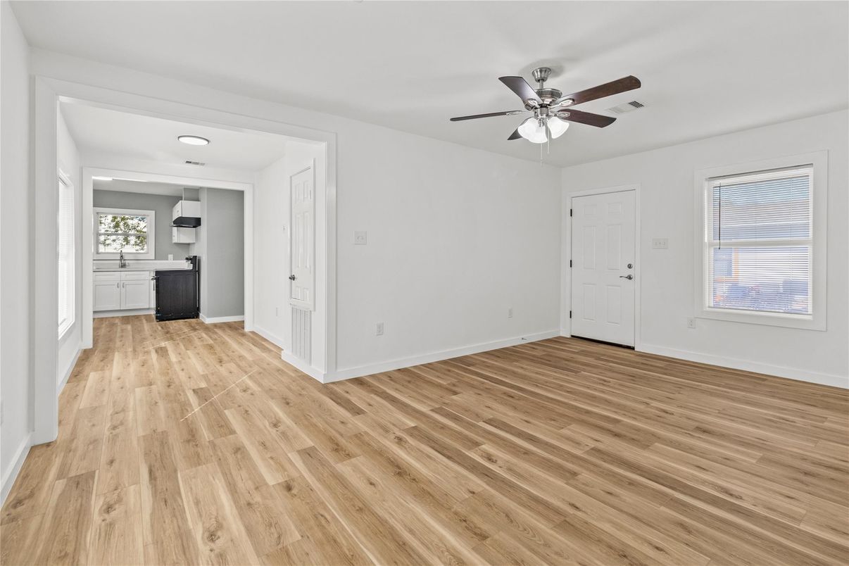 Empty room, Interior, Kitchen, Recessed Lighting, Wood Texture Flooring