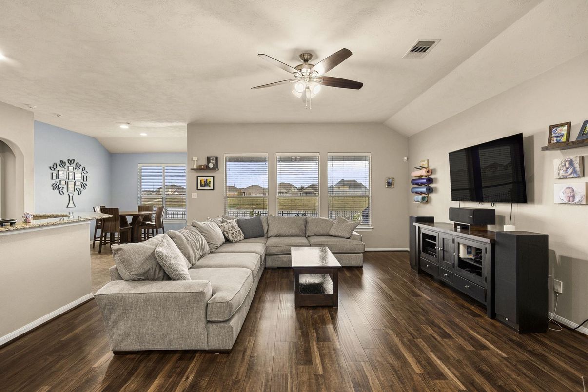 Dining room, Interior, Living room, Recessed Lighting, Wood Texture Flooring