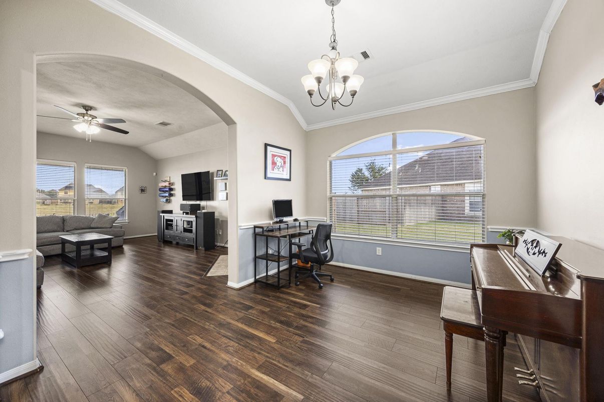 Chandelier, Home Office, Interior, Piano, Wood Texture Flooring