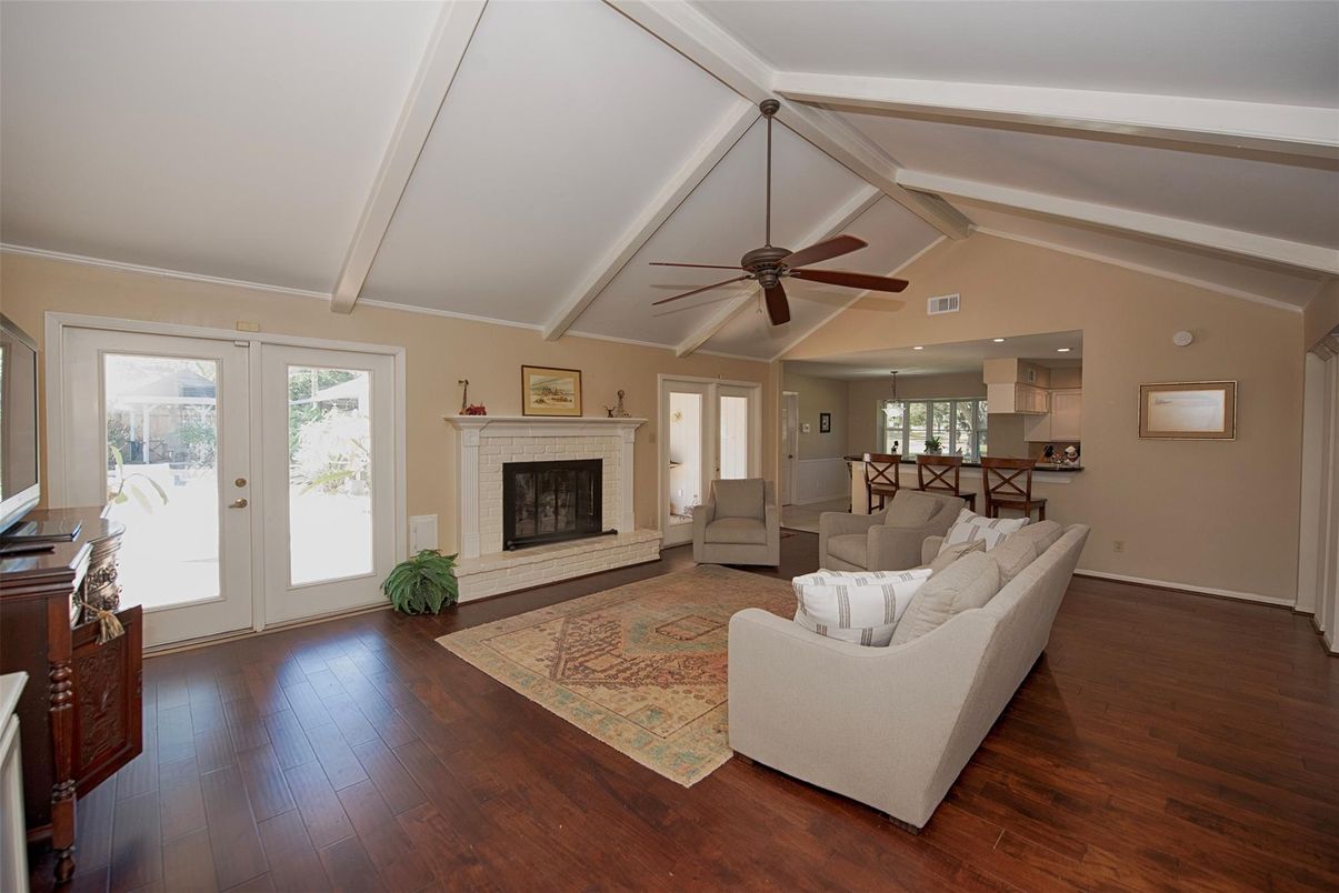 Fireplace, Interior, Kitchen, Living room, Recessed Lighting, Wood Texture Flooring