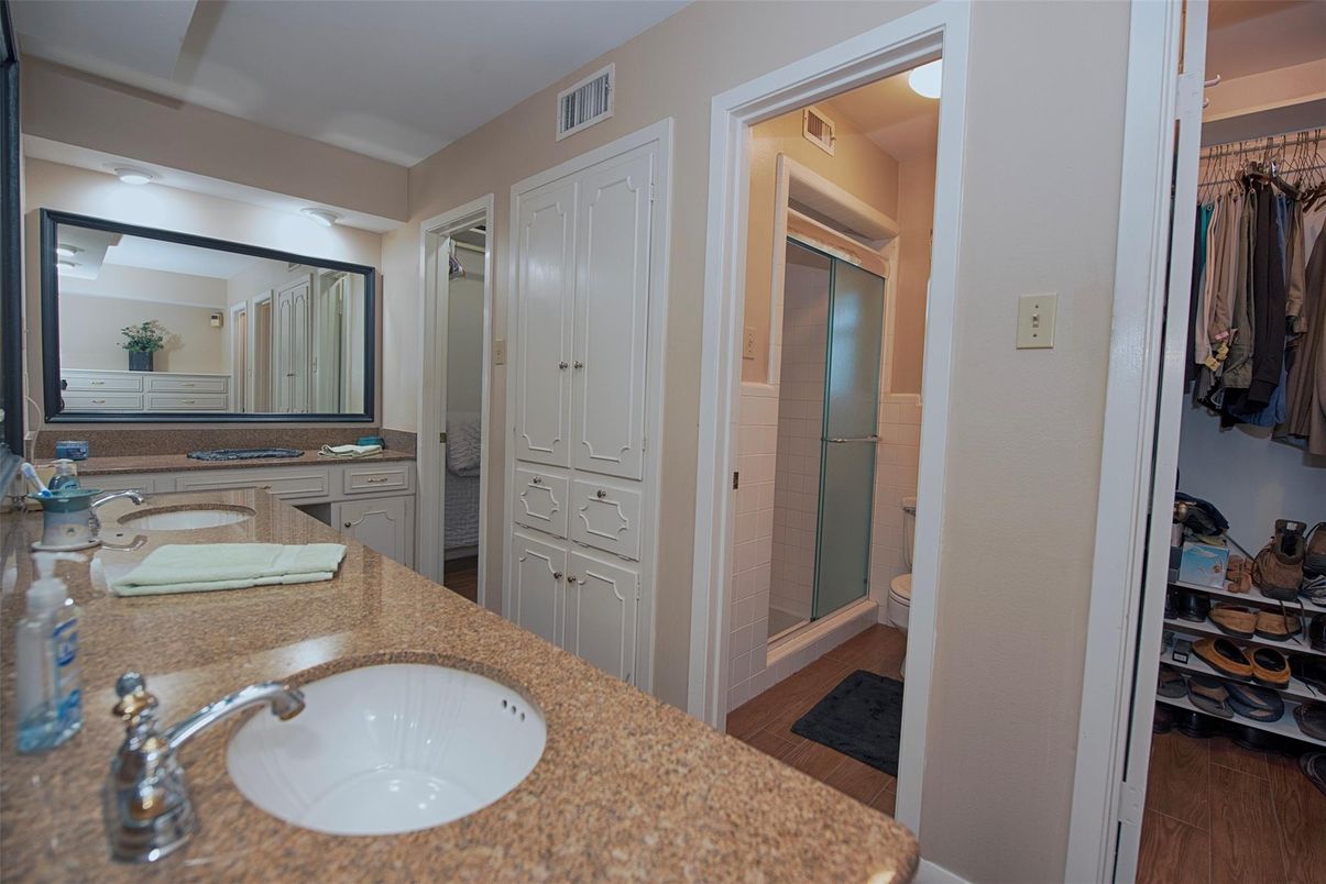 Bathroom, Dual Sink Vanities, Interior, Walk-in Closets, Wood Texture Flooring
