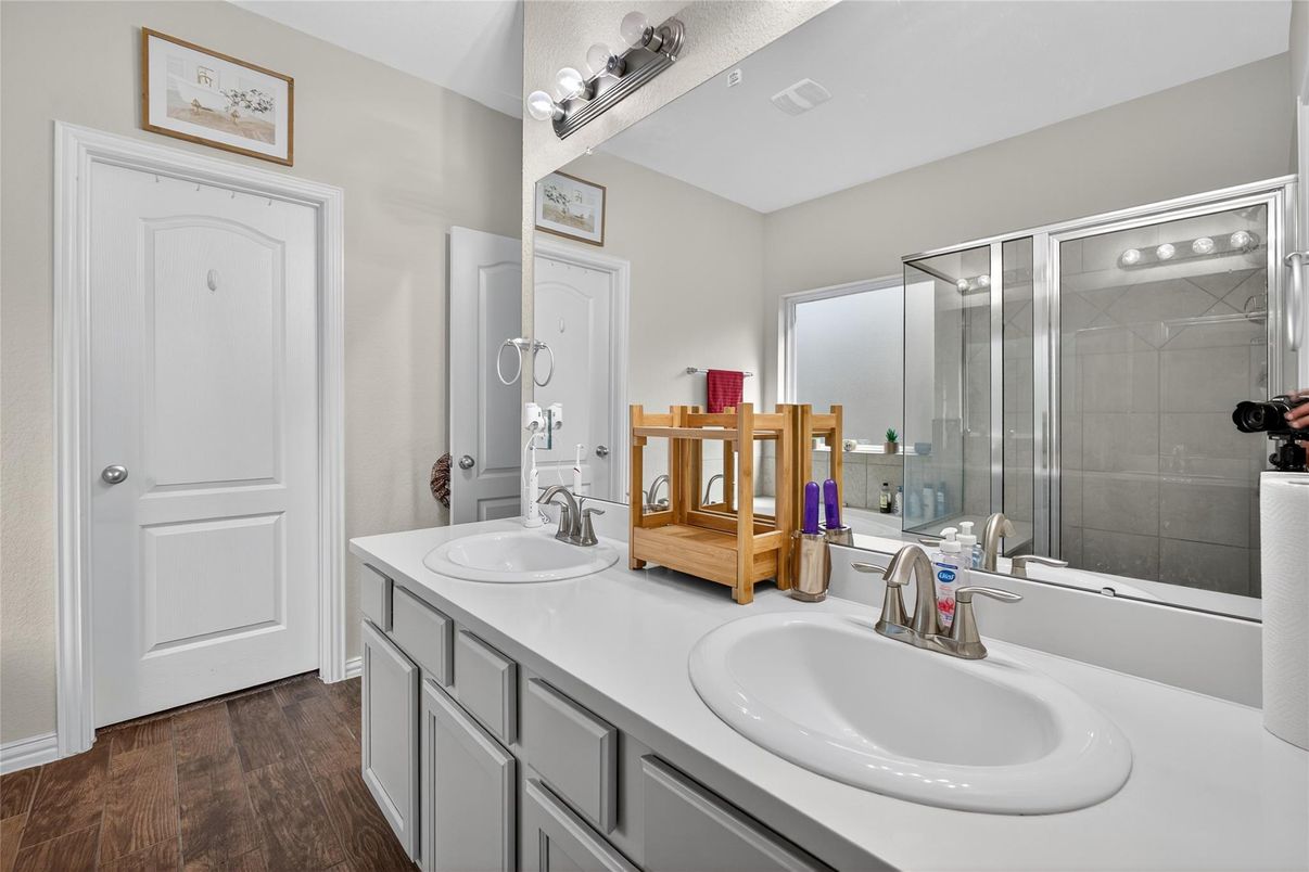 Bathroom, Dual Sink Vanities, Glass Shower, Interior, Wood Texture Flooring
