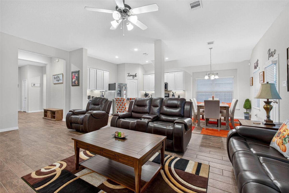 Chandelier, Dining room, Interior, Kitchen, Living room, Pendant Lights, Recessed Lighting, Wood Texture Flooring