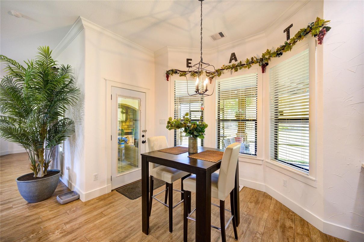 Dining room, Interior, Pendant Lights, Wood Texture Flooring