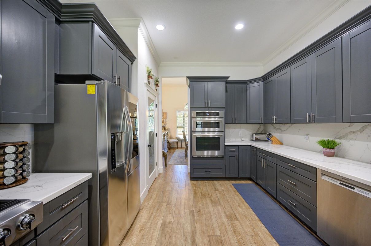 Interior, Kitchen, Recessed Lighting, Stainless Steel Appliances, Wood Texture Flooring