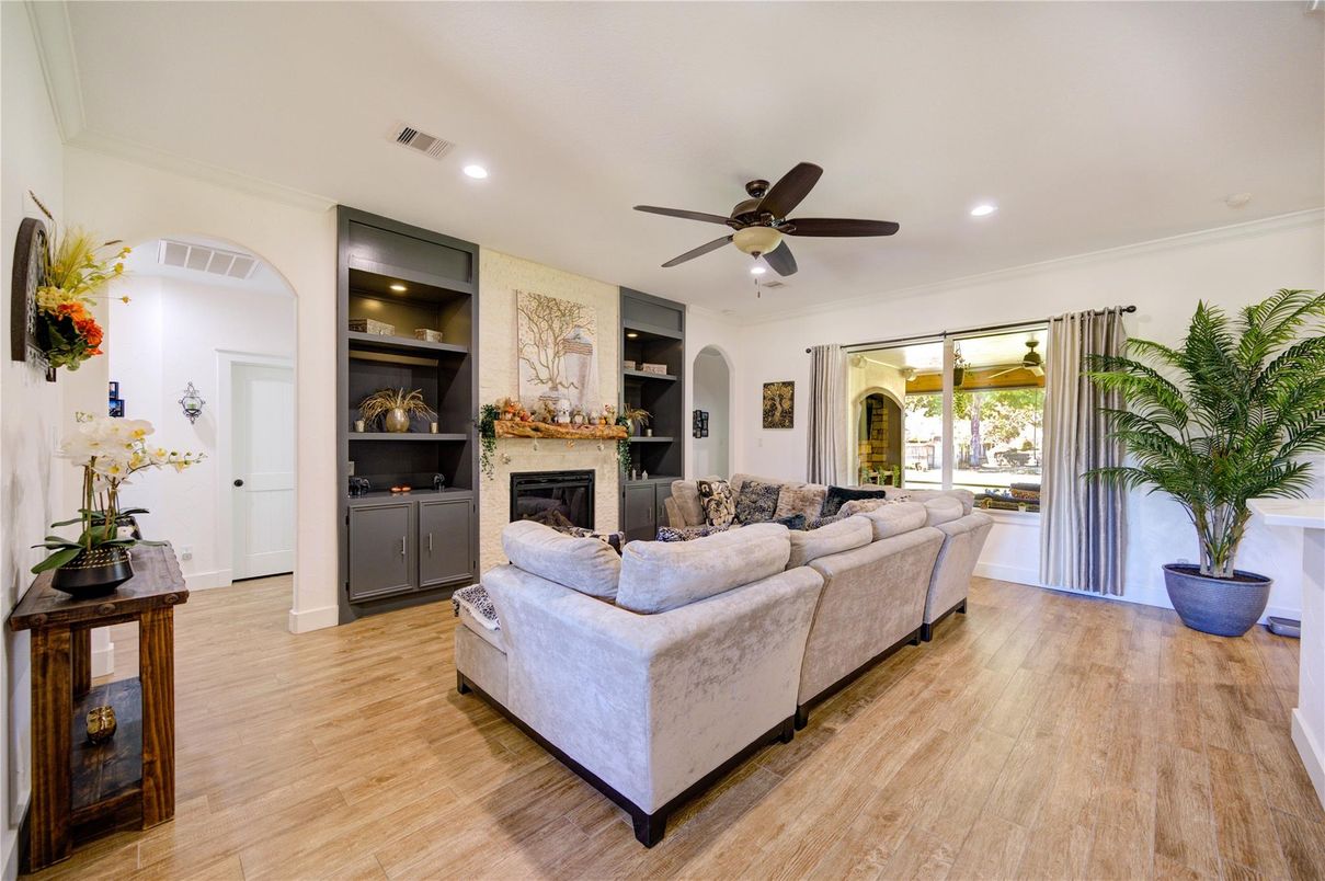 Fireplace, Interior, Living room, Recessed Lighting, Wood Texture Flooring