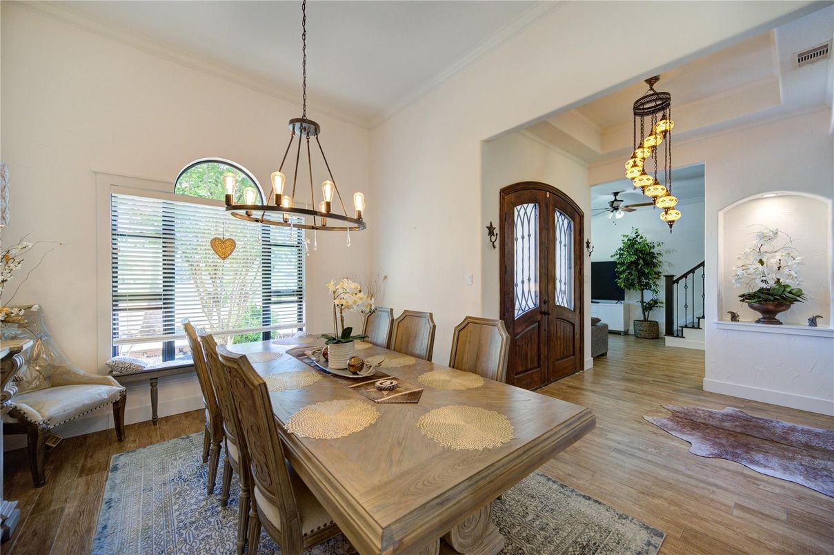 Chandelier, Dining room, Interior, Pendant Lights, Wood Texture Flooring