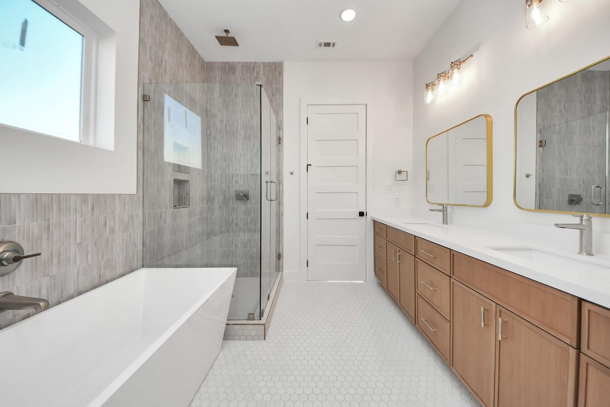 Bathroom, Dual Sink Vanities, Glass Shower, Interior, Recessed Lighting