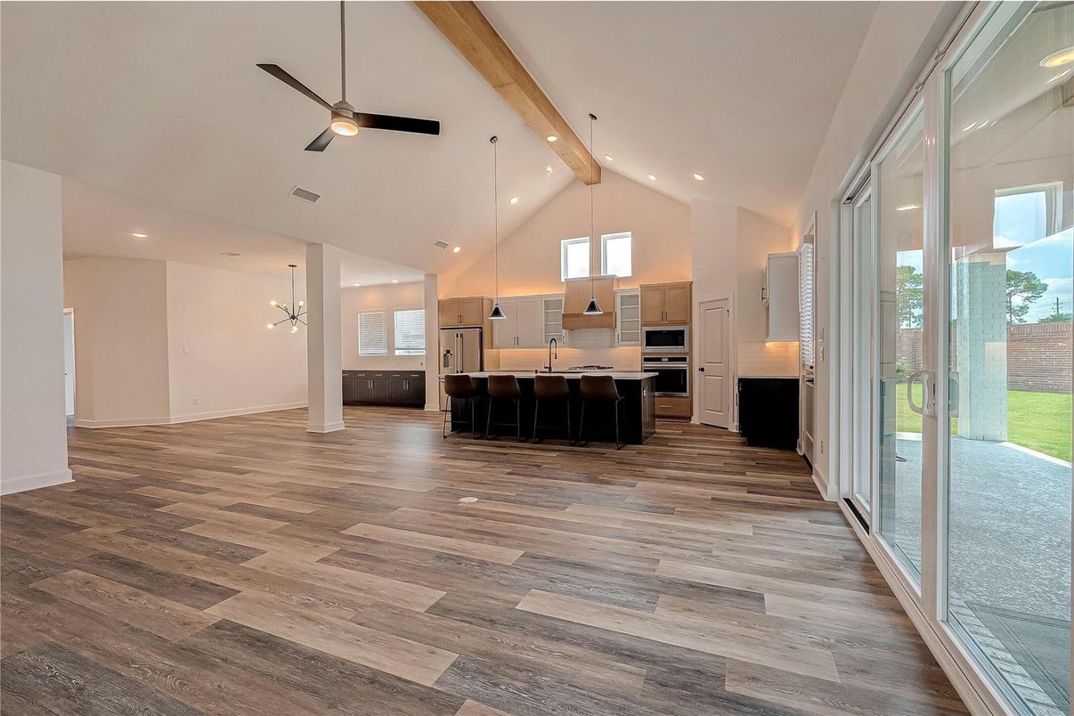 Interior, Kitchen, Pendant Lights, Recessed Lighting, Stainless Steel Appliances, Wooden Beams, Wood Texture Flooring