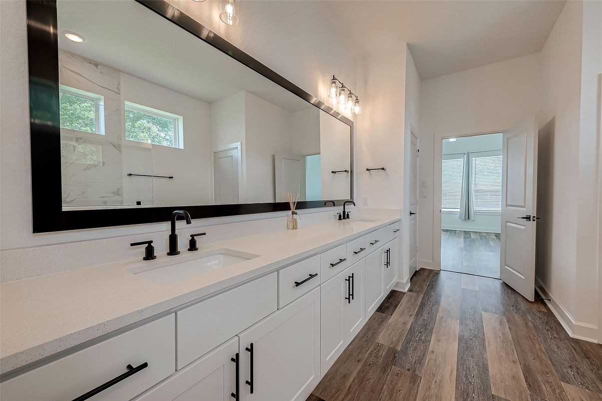 Bathroom, Dual Sink Vanities, Interior, Recessed Lighting, Wood Texture Flooring