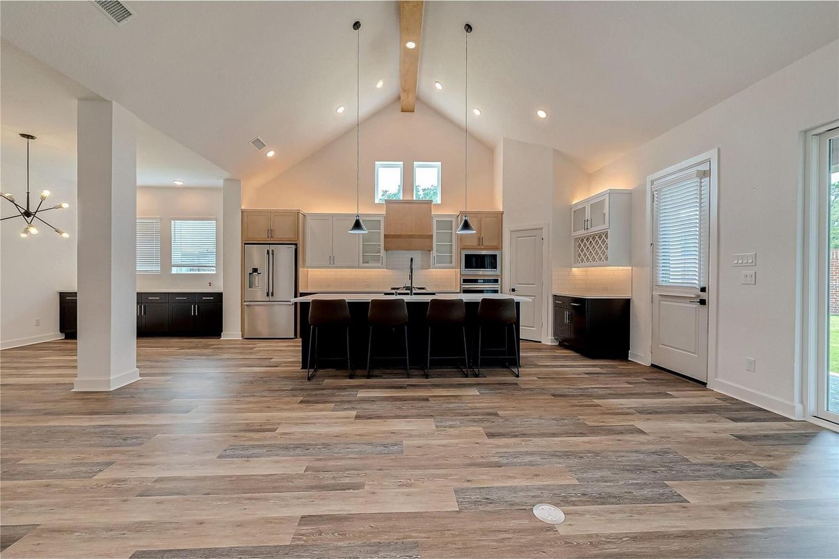 Interior, Kitchen, Pendant Lights, Recessed Lighting, Stainless Steel Appliances, Wooden Beams, Wood Texture Flooring