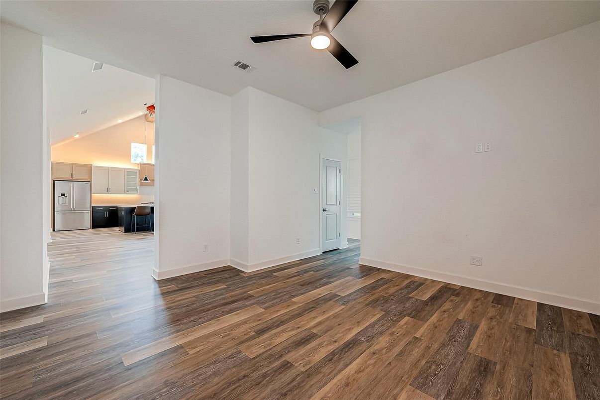 Empty room, Interior, Kitchen, Recessed Lighting, Wood Texture Flooring