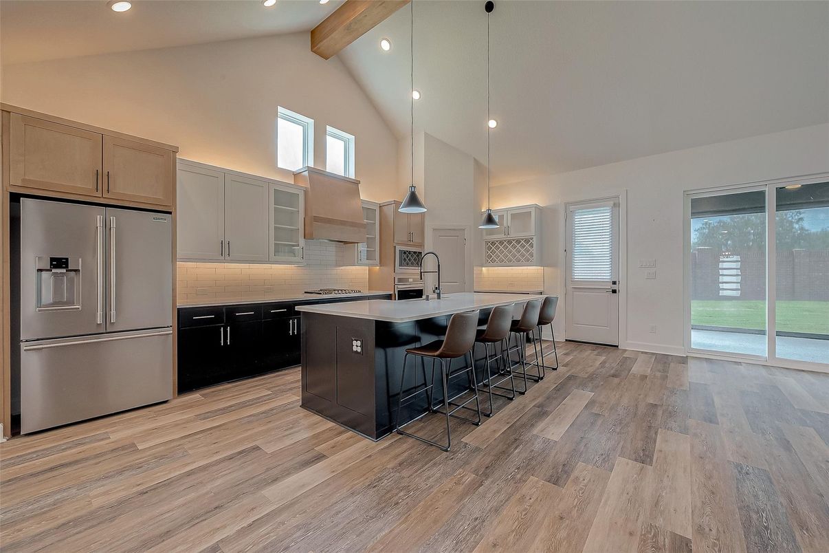 Interior, Kitchen, Pendant Lights, Recessed Lighting, Stainless Steel Appliances, Wooden Beams, Wood Texture Flooring