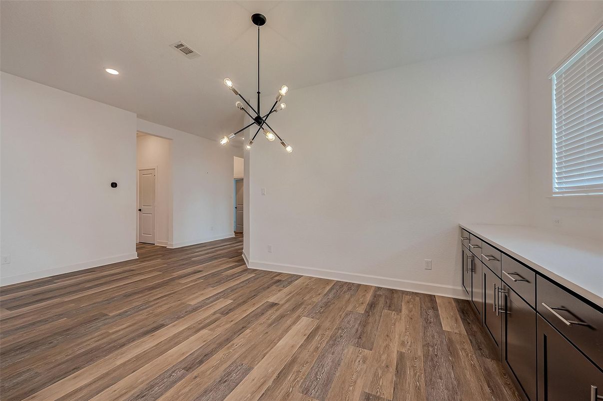 Empty room, Interior, Pendant Lights, Recessed Lighting, Wood Texture Flooring