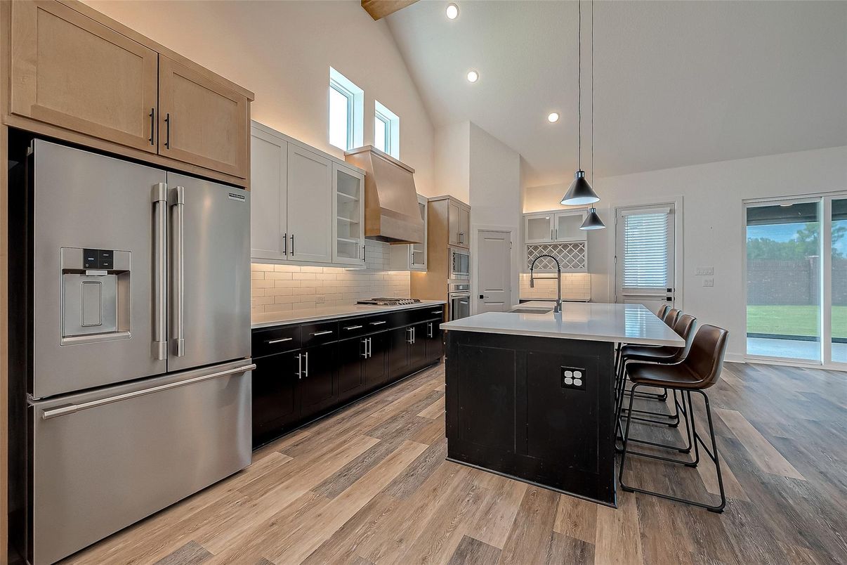 Interior, Kitchen, Pendant Lights, Recessed Lighting, Stainless Steel Appliances, Wooden Beams, Wood Texture Flooring