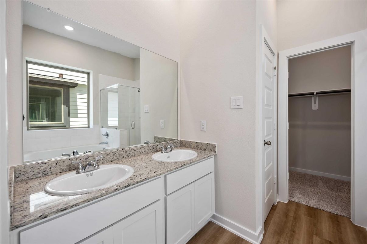Bathroom, Dual Sink Vanities, Interior, Recessed Lighting, Wood Texture Flooring