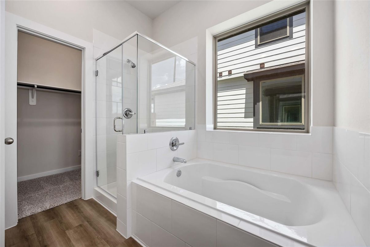 Bathroom, Glass Shower, Interior, Wood Texture Flooring